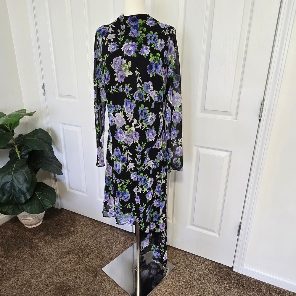 Mango MNG Dress Womens 12 Black Purple Floral Mesh Asymmetrical Salma New‎